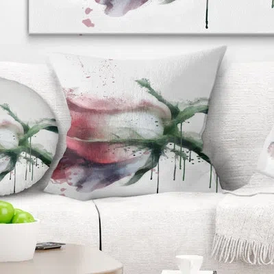 Design Art Budding Pink Rose Watercolor Sketch - Floral Printed Pillow