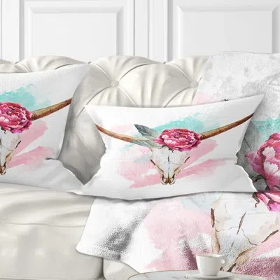 Design Art Bull Skull And Flower - Floral Printed Pillow