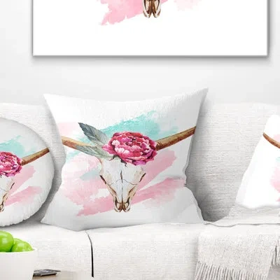 Design Art Bull Skull And Flower - Floral Printed Pillow In Green;purple