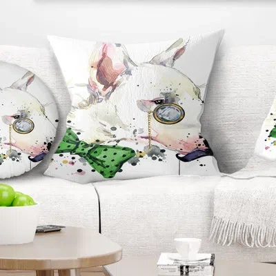 Design Art Bull Terrier Dog - Animal Printed Pillow In White;green