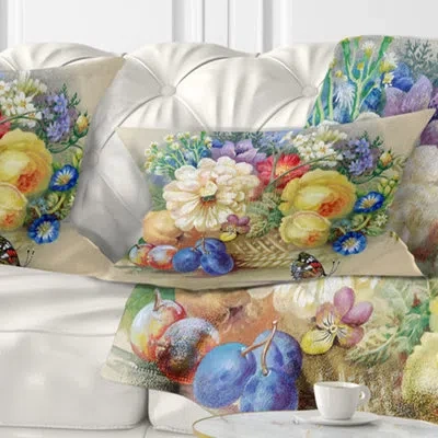 Design Art Bunch Of Flowers And Fruits - Floral Printed Throw Pillow In Blue;black;brown;green;red;yellow
