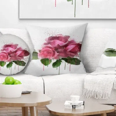 Design Art Bunch Of Pink Roses With Leaves - Floral Printed Pillow