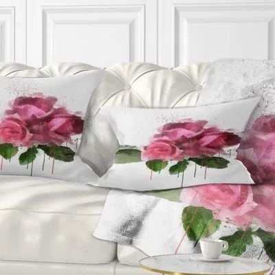 Design Art Bunch Of Pink Roses With Leaves - Floral Printed Throw Pillow
