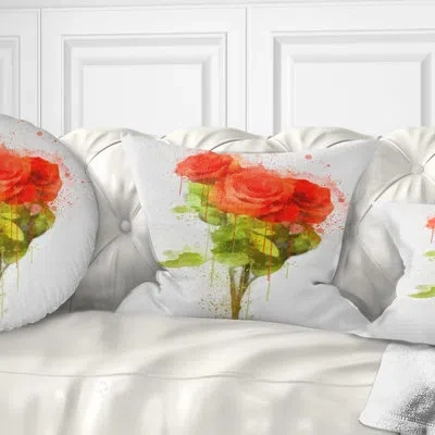 Design Art Bunch Of Red Roses Watercolor - Floral Printed Throw Pillow