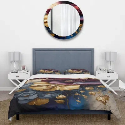 Design Art Burgundy And Blue Floral Bunch I - Floral Duvet Cover Set - Microfiber Polyester In Blue;red