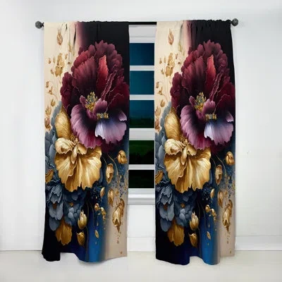 Design Art Burgundy And Blue Floral Bunch I - Floral Velvet Curtain - 1 Panel In Blue;red