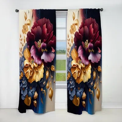 Design Art Burgundy And Blue Floral Bunch Ii - Floral Blackout Curtain - 1 Panel In Blue;red
