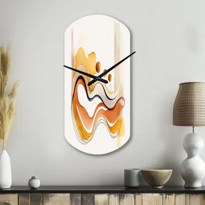Design Art Burnt Orange Waves Abstract Iii - Minimalism Cylinder Metal Wall Clock, Modern Asymmetrical Wall Clo In Black;orange