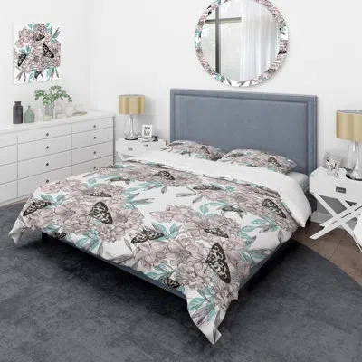 Design Art Butterflies And Flowers - Floral Duvet Cover Set - Microfiber Polyester In Brown,blue