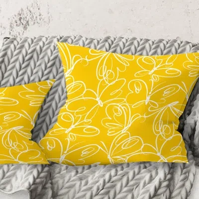 Design Art Butterflies Hand Drawn Color Pattern - Mid-century Modern Printed Throw Pillow In Yellow