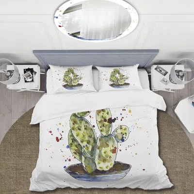 Design Art Cactus Houseplant - Traditional Duvet Cover Set - Microfiber Polyester In Blue;green