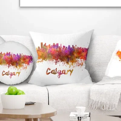 Design Art Calgary Skyline - Cityscape Printed Pillow In Yellow;purple