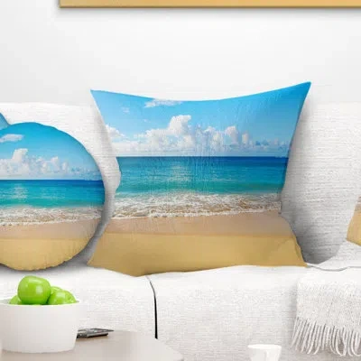 Design Art Calm Beach And Tropical Sea - Sea & Shore Printed Throw Pillow In Blue;brown
