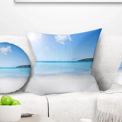 Design Art Calm Beach Of Azure Indian Ocean - Sea & Shore Printed Throw Pillow In Blue;white