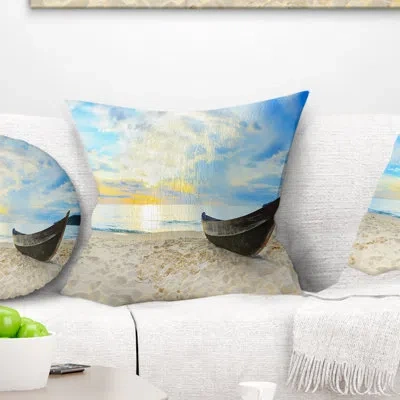 Design Art Calm Beach Panorama - Sea & Shore Printed Throw Pillow In Blue