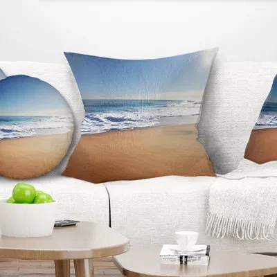 Design Art Calm Blue Beach Under Bright Sun - Sea & Shore Printed Pillow