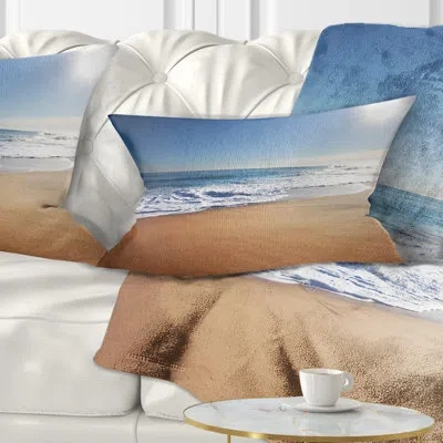 Design Art Calm Blue Beach Under Bright Sun - Sea & Shore Printed Throw Pillow