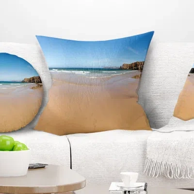 Design Art Calm Sandy Coastline Panorama - Sea & Shore Printed Throw Pillow In Blue