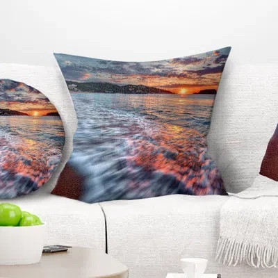 Design Art Calm Seashore With Rushing Waters - Sea & Shore Printed Pillow In Blue