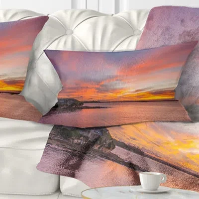 Design Art Calm Sydney Beach With Yellow Sky - Sea & Shore Printed Pillow In Blue