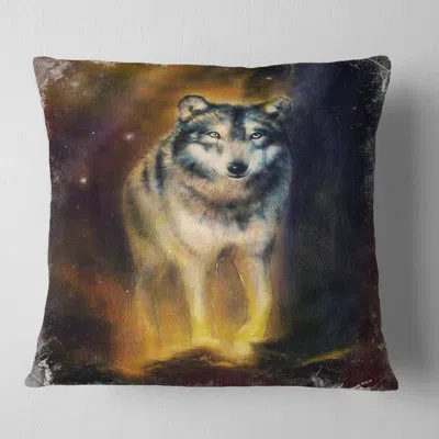 Design Art Calm Wolf - Animal Printed Pillow In Gray;yellow
