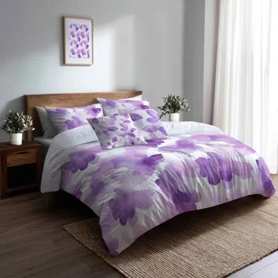Design Art Calming Bedding Set Of 5 Pcs For Teenagers - Floral Lavender Air Duvet Cover And Throw Cushion Set In White;purple
