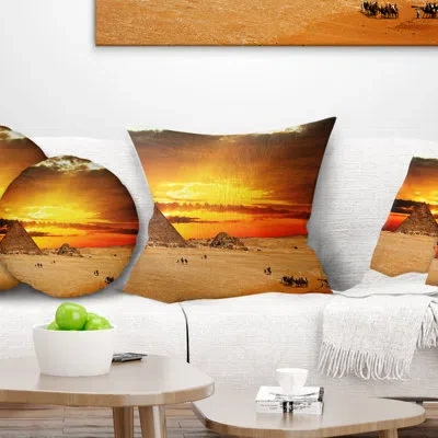 Design Art Camel Caravan At Sunset - Landscape Printed Throw Pillow In Red;beige