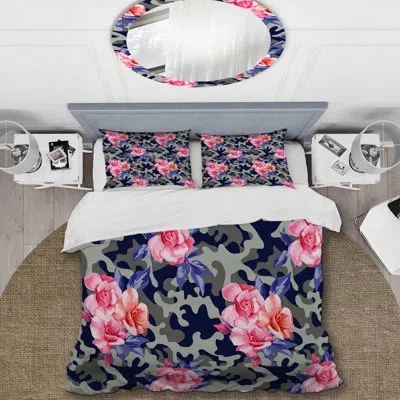 Design Art Camo Military In Blue With Pink Roses - Abstract Duvet Cover Set - Microfiber Polyester In Blue,pink