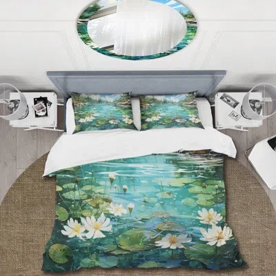 Design Art Canada Lakeside Tranquility I - Canada Duvet Cover Set - Microfiber Polyester In White;green