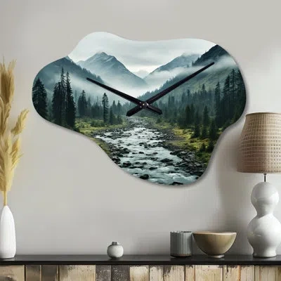 Design Art Canada Misty Mountains - Asymmetrical Canada Metal Wall Clock, Green Wall Clock Print
