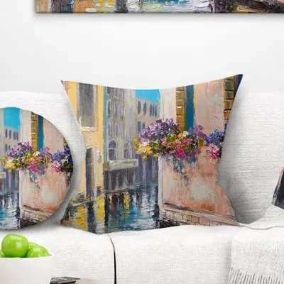 Design Art Canal In Venice With Flowers - Cityscape Printed Throw Pillow In Blue;brown