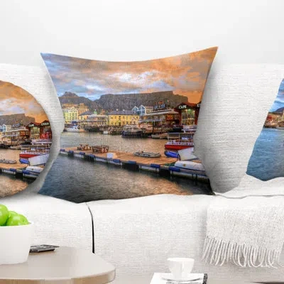 Design Art Cape Town Waterfront At Sunset - Landscape Printed Pillow In Blue;black;brown;green;red;yellow