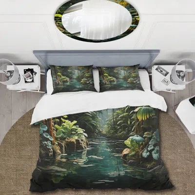 Design Art Caraibe Jungle Adventure - Coastal Beach Duvet Cover Set - Microfiber Polyester In Green