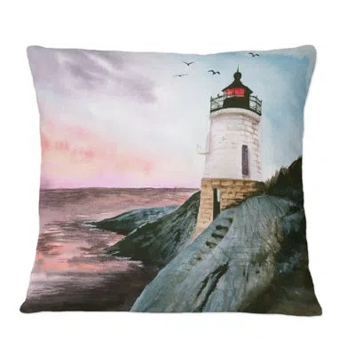 Design Art Castle Hill Lighthouse On Rocky Island On Sunset - Nautical & Coastal Printed Throw Pillow In Black;pink