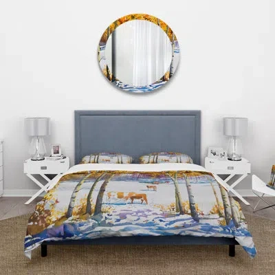 Design Art Cattle In The Early Snow In The Forest - Farmhouse Duvet Cover Set - Microfiber Polyester In White,orange;white,orange