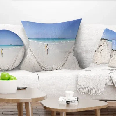 Design Art Cayo Coco Tropical Beach Panorama - Sea & Shore Printed Pillow In Blue