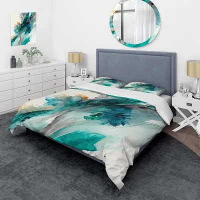 Design Art Celebrations In Turquoise Shades Of Blue V - Abstract Liquid Ink Comforter Set 4 Pcs In Blue;white