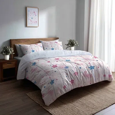Design Art Celestial Bedding Set Of 3 - Decorative Childrens Sweet Star Chains Duvet Cover And Throw Cushion Se In Blue;red