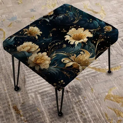 Design Art Celestial Blue Damask Mirage Em - Damask Rectangle Ottoman In Blue;black