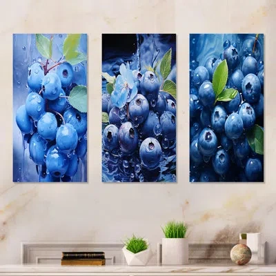Design Art Celestial Cyan Blueberry Bliss Fruit - Fruits Metal Wall Decor Set Of 3