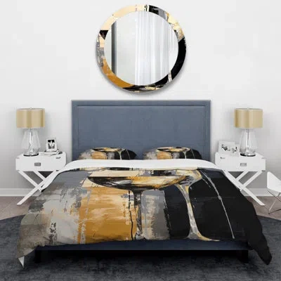 Design Art Champagne Collage With Glasses - Food & Beverage Duvet Cover Set - Microfiber Polyester In Gray;gold