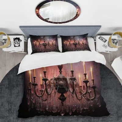 Design Art Chandelier Whispering Shadows I - Chandelier Duvet Cover Set - Microfiber Polyester In Black;pink