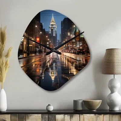 Design Art Charlotte Cityscape At Night Iii - Yellow Asymmetrical Metal Wall Clock, Industrial Freeform Wall Cl