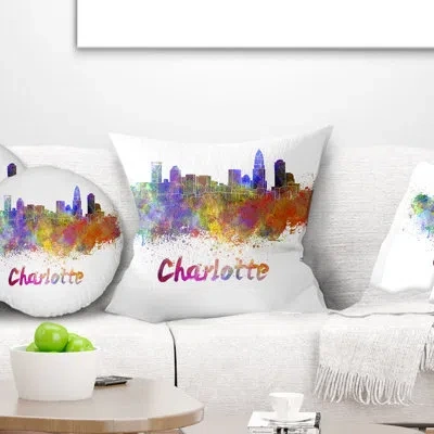 Design Art Charlotte Skyline - Cityscape Printed Throw Pillow In Yellow;purple