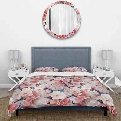 Design Art Cherry Blossom Bliss I- Oriental Duvet Cover Set - Microfiber Polyester In Blue;pink