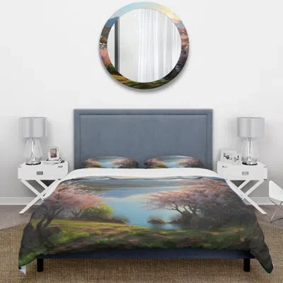 Design Art Cherry Blossom Trees By The Water I Beddingmicrofiber / Polyester Duvet Cover Set In Green;pink