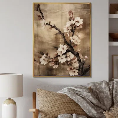 Design Art Cherry Blossoms Brown Dark Solitude I - Cherry Blossom Wall Art Prints In Gold Floater Frame