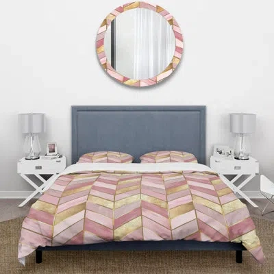 Design Art Chevron Pink Gold Glam Iii - Midcentury Duvet Cover Set In Pink;gold