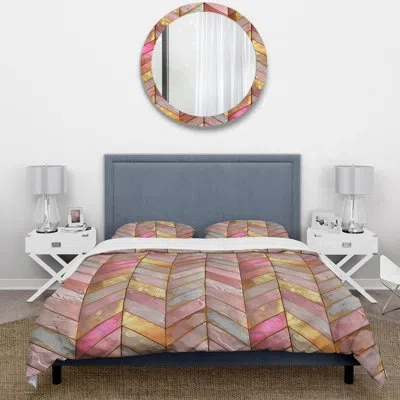 Design Art Chevron Pink Gold Glam Viii - Midcentury Duvet Cover Set In Pink;gold