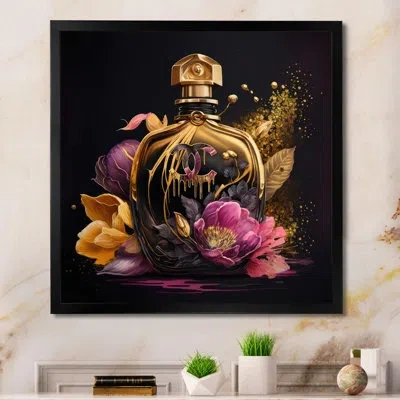 Design Art Chic Black And Gold Perfume Bottle Iii - Floater Frame Graphic Art On Canvas In Black Floater Framed Canvas